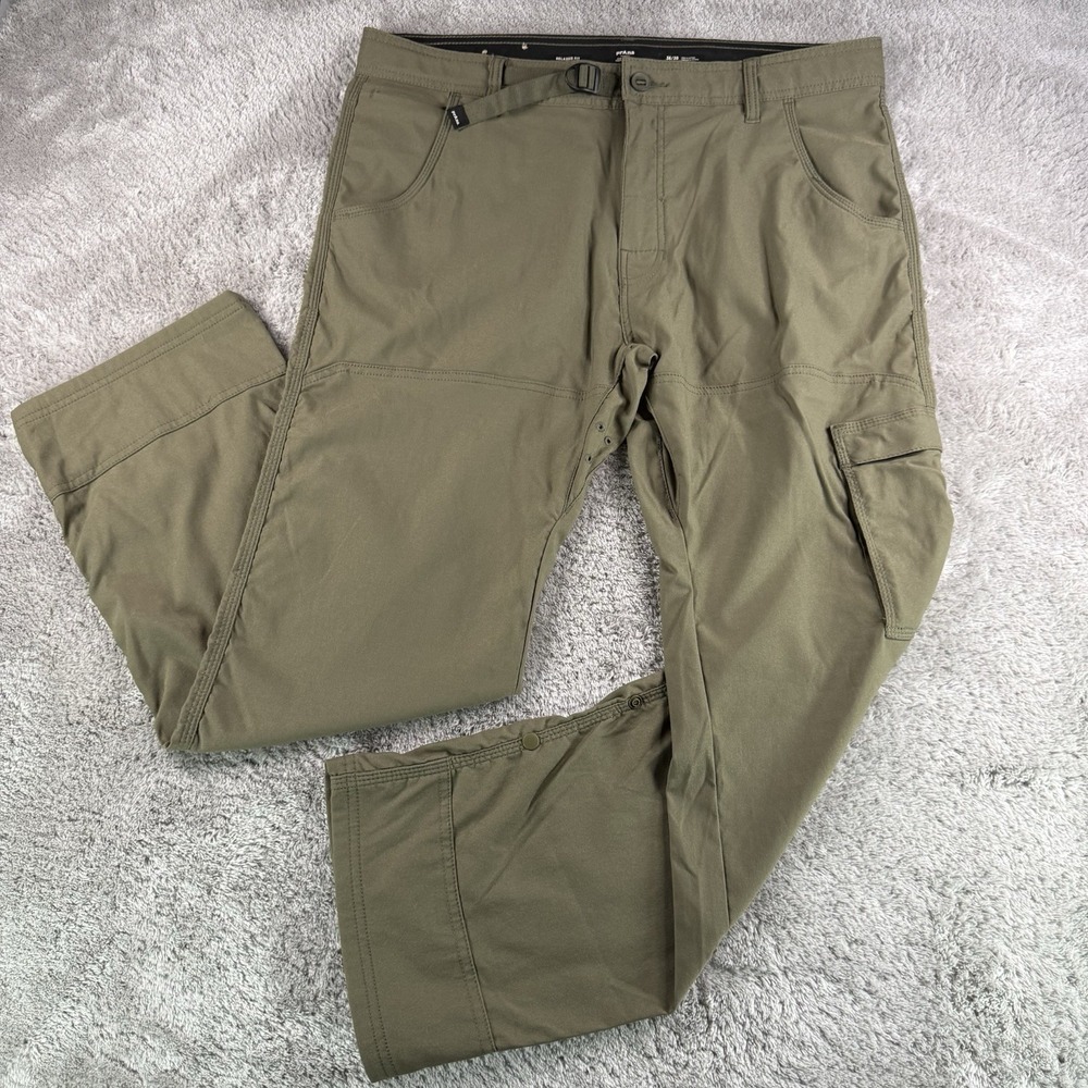 prAna Mens 36x30 Stretch Cargo Pants Green Relaxed Fit Belt Hiking Outdoor Nylon